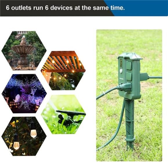 Outdoor Power Stake Timer Waterproof, 100FT Wireless Remote Control, 6 Outlets - Picture 3 of 7